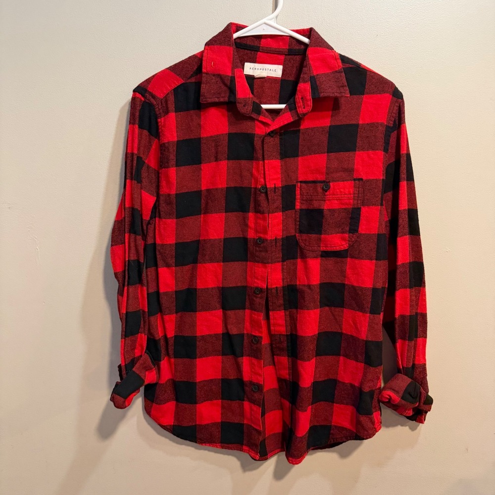 Aeropostale Mens Red Black Buffalo Plaid Flannel Button Down‎ Shirt Small Cotton